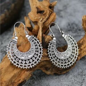 Boho Round Silver Hoop Earrings